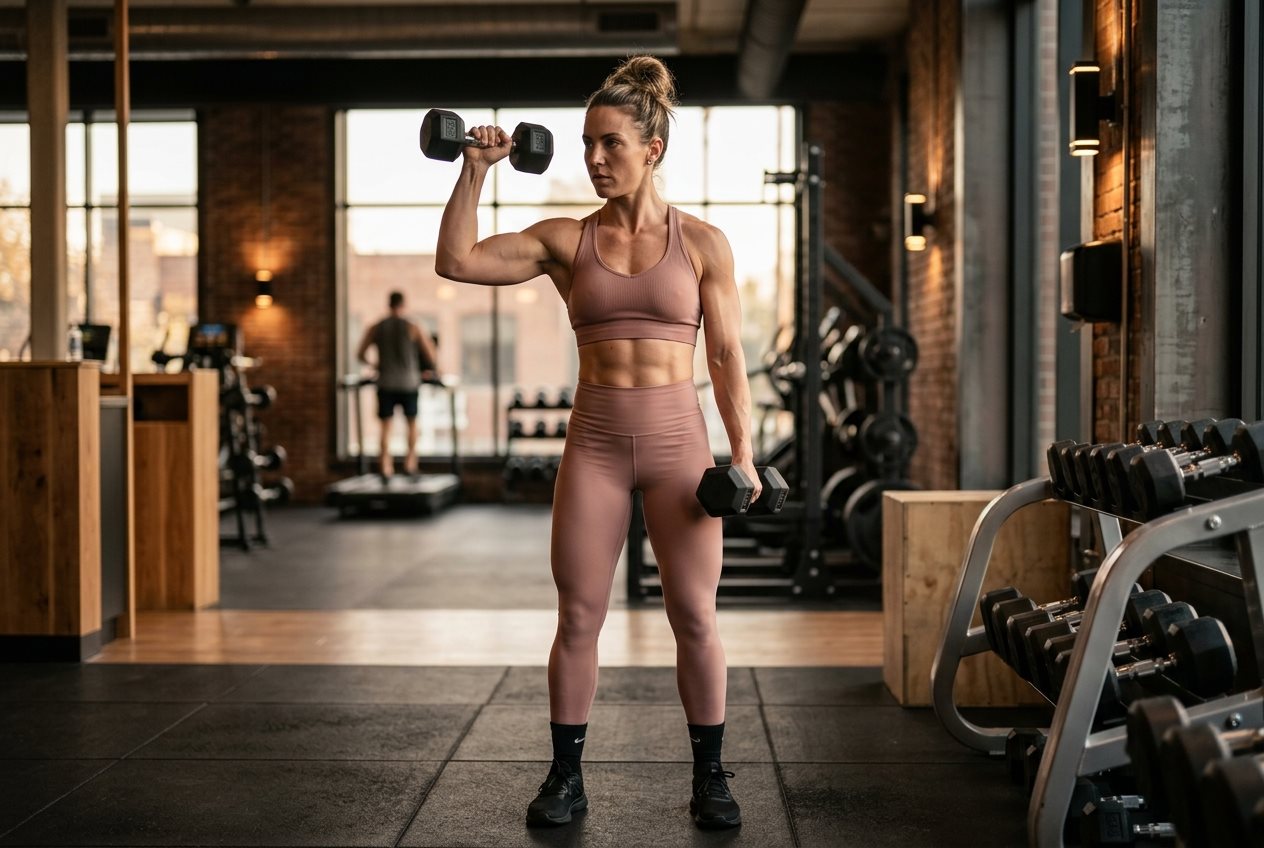 Mulher forte treinando com halteres — hipertrofia feminina