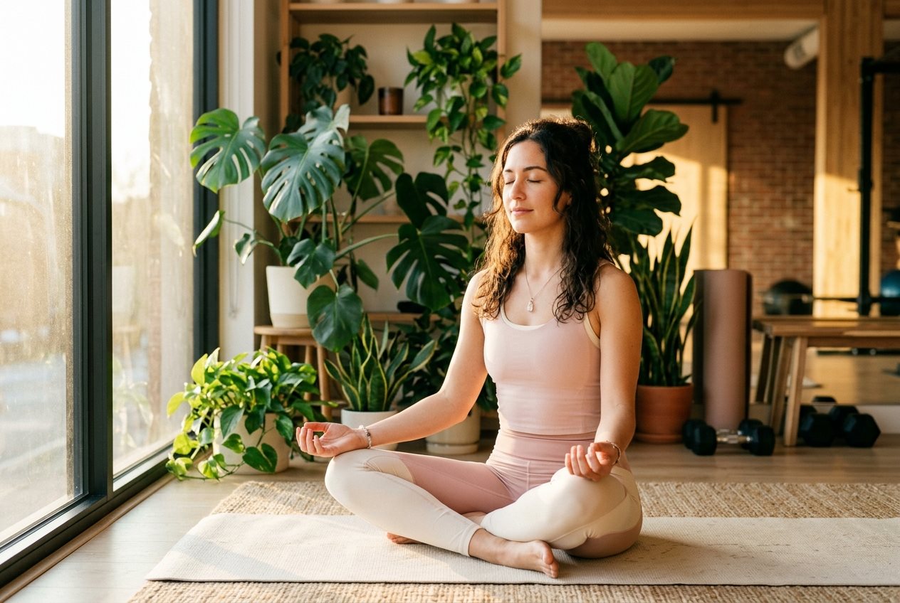 Mulher meditando em estúdio com plantas — saúde mental e exercício